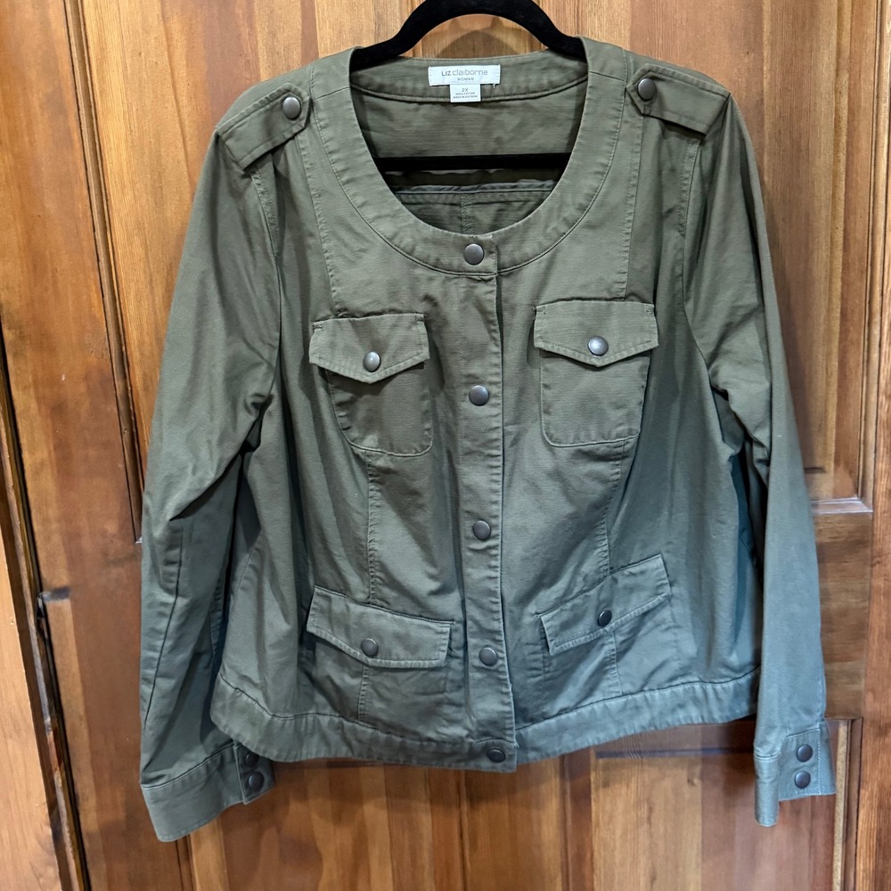 Liz Claiborne Woman Olive Green Cotton Utility Jacket Snap Front Plus 2X